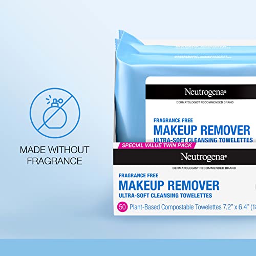 Neutrogena Fragrance-Free Makeup Remover Face Wipes, Daily Facial Cleansing Towelettes for Waterproof Makeup, Dirt & Oil, Gentle, Alcohol- & Fragrance Free, 100% Plant-Based Fibers, 25 ct