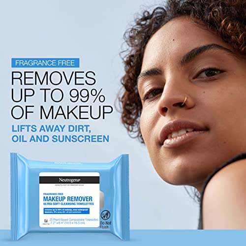 Neutrogena Fragrance-Free Makeup Remover Face Wipes, Daily Facial Cleansing Towelettes for Waterproof Makeup, Dirt & Oil, Gentle, Alcohol- & Fragrance Free, 100% Plant-Based Fibers, 25 ct