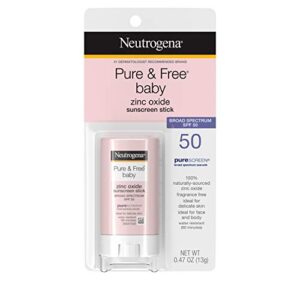 neutrogena pure & free baby mineral sunscreen stick with broad spectrum spf 50 & zinc oxide, water-resistant, hypoallergenic, paraben-, dye- & paba-free baby face & body sunscreen, 0.47 oz