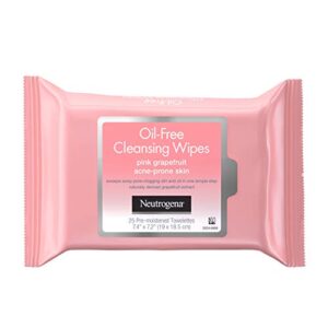 neutrogena oil free facial cleansing makeup wipes, disposable acne face towelettes to remove dirt, oil and makeup for acne prone skin, pink grapefruit, 25 count