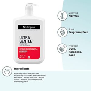 Neutrogena Ultra Gentle Daily Facial Cleanser with Pro-Vitamin B5 for Acne-Prone & Sensitive Skin, Fragrance-Free, Dye-Free, Soap-Free, Paraben-Free & Hypoallergenic Face Wash, 16 fl. oz