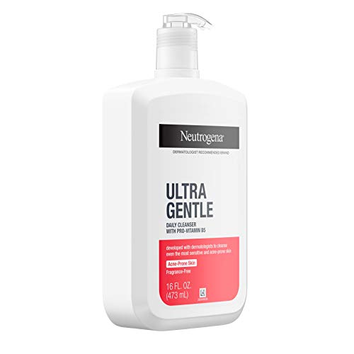 Neutrogena Ultra Gentle Daily Facial Cleanser with Pro-Vitamin B5 for Acne-Prone & Sensitive Skin, Fragrance-Free, Dye-Free, Soap-Free, Paraben-Free & Hypoallergenic Face Wash, 16 fl. oz