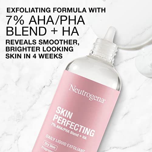 Neutrogena Skin Perfecting Daily Liquid Facial Exfoliant with 7% AHA/PHA Blend + HA to Smooth, Exfoliate & Replenish Dry Skin, Leave-On Face Exfoliator, Oil- & Fragrance-Free, 4 fl. oz