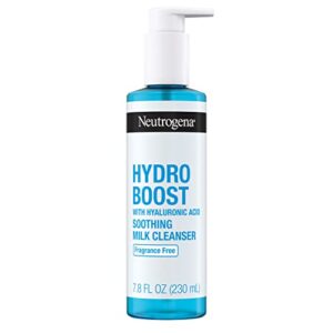 neutrogena hydro boost soothing milk facial cleanser with hyaluronic acid, hydrating face wash gently lifts dirt & oil leaving soft soothed skin, hypoallergenic, fragrance-free, 7.8 fl. oz