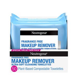 neutrogena makeup remover cleansing face wipes, daily cleansing facial towelettes to remove waterproof makeup and mascara, alcohol-free, value twin pack, 25 count, 2 pack