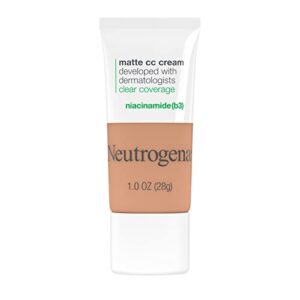 neutrogena clear coverage flawless matte cc cream, full-coverage color correcting cream face makeup with niacinamide (b3), hypoallergenic, oil free & fragrance free, warm linen, 1 oz