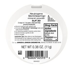 Neutrogena SkinClearing Mineral Acne-Concealing Pressed Powder Compact, Shine-Free & Oil-Absorbing Makeup with Salicylic Acid to Cover, Treat & Prevent Acne Breakouts, Buff 30, .38 oz (Pack of 2)