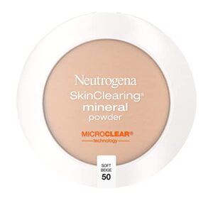 neutrogena skinclearing mineral acne-concealing pressed powder compact, shine-free & oil-absorbing makeup with salicylic acid to cover, treat & prevent breakouts, soft beige 50.38 oz