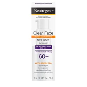 neutrogena clear face serum sunscreen with green tea, broad spectrum spf 60+, non-comedogenic face sunscreen for lightweight uva/uvb protection, oxybenzone- & fragrance-free, 1.7 fl. oz