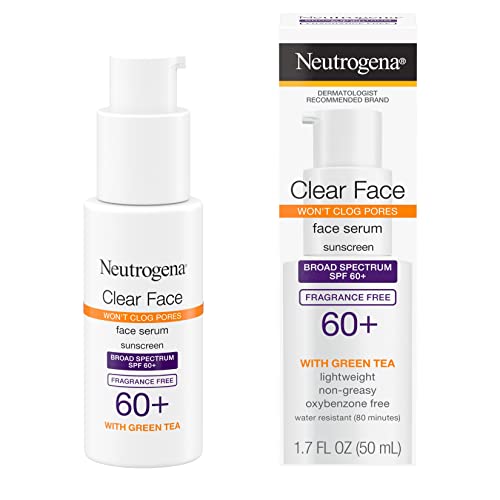 Neutrogena Clear Face Serum Sunscreen with Green Tea, Broad Spectrum SPF 60+, Non-Comedogenic Face Sunscreen for Lightweight UVA/UVB Protection, Oxybenzone- & Fragrance-Free, 1.7 fl. Oz