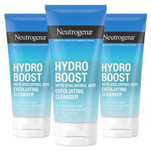 neutrogena hydro boost gentle exfoliating daily facial cleanser with hyaluronic acid, face wash clinically proven to increase skin’s hydration level, oil-free & non-comedogenic, 5 oz