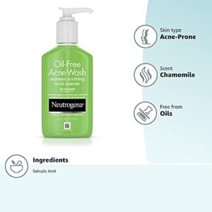 Neutrogena Oil-Free Acne and Redness Facial Cleanser, Soothing Face Wash with Salicylic Acid Acne Medicine, Aloe, and Chamomile to Reduce Facial Redness, 6 fl. oz