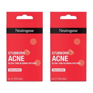 neutrogena stubborn acne pimple patches, acne treatment for face, ultra-thin hydrocolloid spot stickers provide optimal healing for pimples, 24 patches, pack of 2