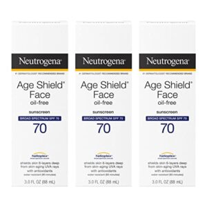 neutrogena age shield face oil-free sunscreen lotion with broad spectrum spf 70, non-comedogenic moisturizing sunscreen to help prevent signs of aging, paba-free, 3 fl. oz (pack of 3)