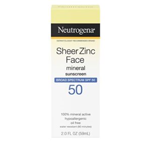 neutrogena sheer zinc oxide dry-touch mineral face sunscreen lotion with broad spectrum spf 50, oil-free, non-comedogenic & non-greasy zinc oxide facial sunscreen, hypoallergenic, 2 fl. oz