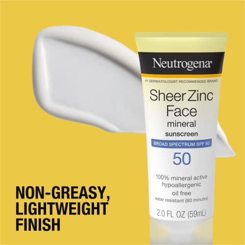 Neutrogena Sheer Zinc Oxide Dry-Touch Mineral Face Sunscreen Lotion with Broad Spectrum SPF 50, Oil-Free, Non-Comedogenic & Non-Greasy Zinc Oxide Facial Sunscreen, Hypoallergenic, 2 fl. oz