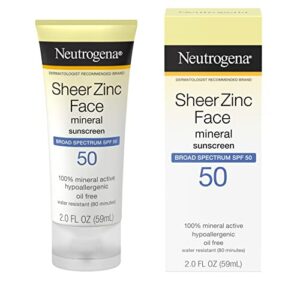 Neutrogena Sheer Zinc Oxide Dry-Touch Mineral Face Sunscreen Lotion with Broad Spectrum SPF 50, Oil-Free, Non-Comedogenic & Non-Greasy Zinc Oxide Facial Sunscreen, Hypoallergenic, 2 fl. oz