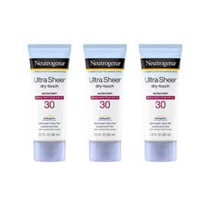 neutrogena ultra sheer dry-touch sunscreen lotion, broad spectrum spf 30 uva/uvb protection, oxybenzone-free, water resistant, non-comedogenic, non-greasy, travel size, 3 fl oz, pack of 3