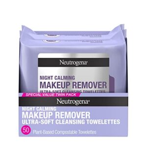 neutrogena night calming cleansing makeup remover face wipes, nighttime facial wipes to remove dirt & makeup, leaves skin feeling calm, alcohol-free, 100% plant based cloth, 25 ct, twin pack
