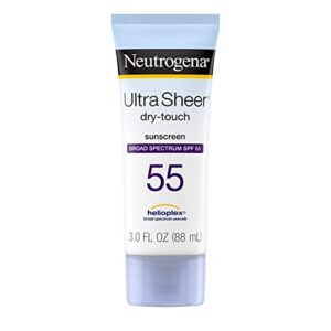 neutrogena ultra sheer dry-touch sunscreen lotion, broad spectrum spf 55 uva/uvb protection, light, water resistant, non-comedogenic & non-greasy, travel size, 3 fl. oz
