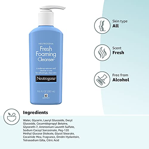 Neutrogena Foaming Facial Cleanser Makeup Remover with Glycerin Oil Soap AlcoholFree Daily Face Wash Removes Dirt Oil Waterproof, NonComedogenic, n.a, fresh, 9.6 Fl O