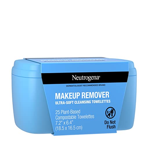 Neutrogena Makeup Remover Facial Cleansing Towelettes, Daily Face Wipes Remove Dirt, Oil, Sweat, Makeup & Waterproof Mascara, Gentle, Soap- & Alcohol-Free, 100% Plant-Based Cloth, 25 ct