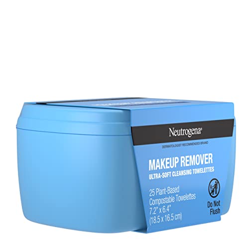 Neutrogena Makeup Remover Facial Cleansing Towelettes, Daily Face Wipes Remove Dirt, Oil, Sweat, Makeup & Waterproof Mascara, Gentle, Soap- & Alcohol-Free, 100% Plant-Based Cloth, 25 ct