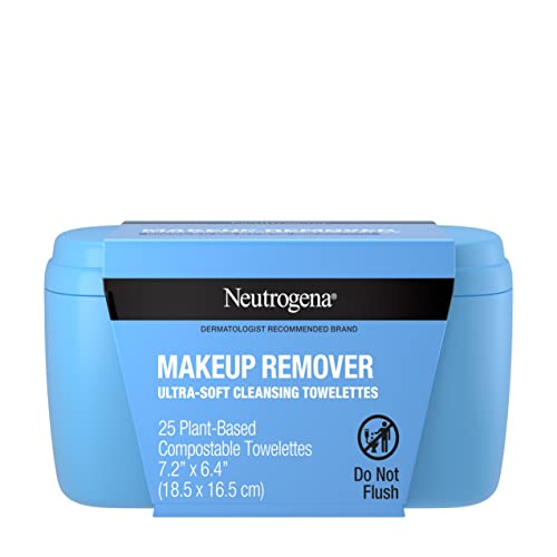 Neutrogena Makeup Remover Facial Cleansing Towelettes, Daily Face Wipes Remove Dirt, Oil, Sweat, Makeup & Waterproof Mascara, Gentle, Soap- & Alcohol-Free, 100% Plant-Based Cloth, 25 ct