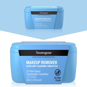 Neutrogena Makeup Remover Facial Cleansing Towelettes, Daily Face Wipes Remove Dirt, Oil, Sweat, Makeup & Waterproof Mascara, Gentle, Soap- & Alcohol-Free, 100% Plant-Based Cloth, 25 ct