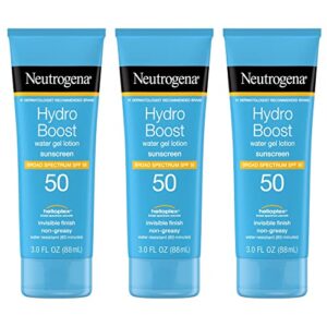 neutrogena hydro boost water gel sunscreen lotion with broad spectrum spf 50, water-resistant hydrating body sunscreen, non-greasy, hyaluronic acid, travel size, 3 fl. oz, pack of 3