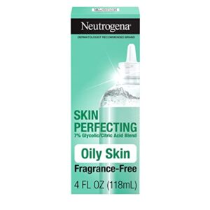 neutrogena skin perfecting daily liquid facial exfoliant with 7% glycolic/citric acid blend for oily skin, smoothing & clarifying leave-on face exfoliator, oil- & fragrance-free, 4 fl. oz