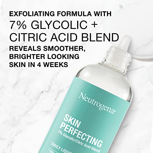 Neutrogena Skin Perfecting Daily Liquid Facial Exfoliant with 7% Glycolic/Citric Acid Blend for Oily Skin, Smoothing & Clarifying Leave-On Face Exfoliator, Oil- & Fragrance-Free, 4 fl. oz