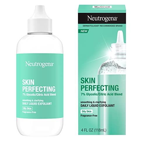 Neutrogena Skin Perfecting Daily Liquid Facial Exfoliant with 7% Glycolic/Citric Acid Blend for Oily Skin, Smoothing & Clarifying Leave-On Face Exfoliator, Oil- & Fragrance-Free, 4 fl. oz