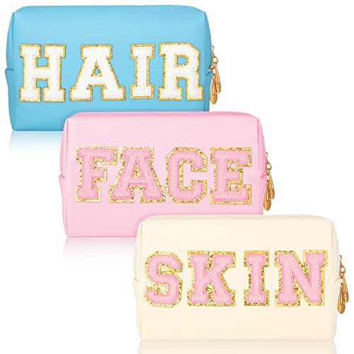 3 Pcs Patch Waterproof Toiletry Bag Preppy Makeup Bag Chenille Letters Preppy Bag Cosmetic Bag for Purse Portable Preppy Patch Bag Storage Pouch for Women (Beige, Light Blue, Pink, PU Leather)