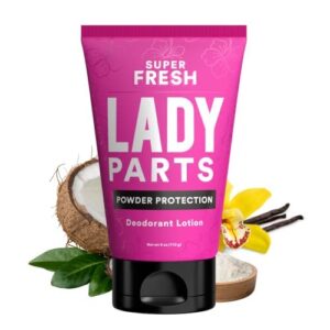 lady parts feminine hygiene body powder deodorant lotion for breasts, private parts, crotch & inner thigh to stop odor & friction – aluminum free deodorant for women – no talc or parabens – powder protection – cocovanilla scent – 4oz