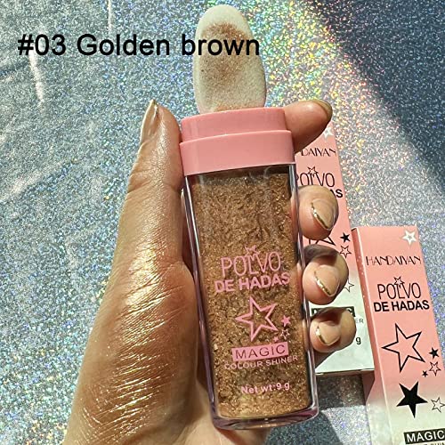 3 Pack Polvo De Hadas Face Body Hightlighter Stick, Fairy Patting Powder Puff, Glitter Loose Powder Brush, Brightens Shimmer Makeup Blusher (White moonbeam & Fairy Pink & Golden Brown)