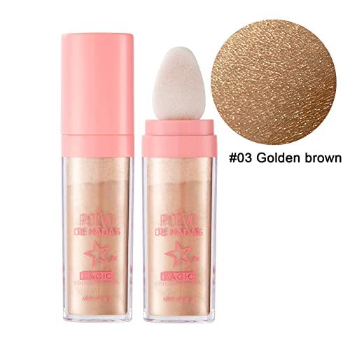 3 Pack Polvo De Hadas Face Body Hightlighter Stick, Fairy Patting Powder Puff, Glitter Loose Powder Brush, Brightens Shimmer Makeup Blusher (White moonbeam & Fairy Pink & Golden Brown)