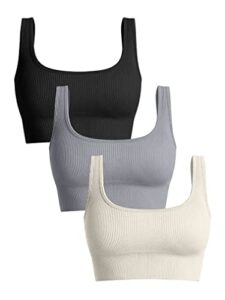 oqq women’s 3 piece medium support tank top ribbed seamless removable cups workout exercise sport bra black grey beige