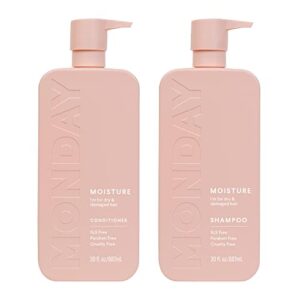 monday haircare moisture shampoo + conditioner set (2 pack) 30oz each, dry, coarse, stressed, coily & curly hair, made from coconut oil, rice protein, shea butter, & vitamin e, 100% recyclable bottles