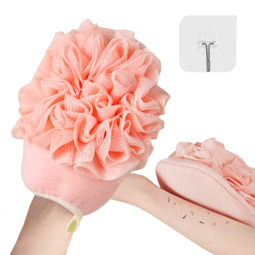 Exfoliating Glove with Loofah Sponge, Double Sided Bath Sponge, Loofah Exfoliating Body Scrubber Bath Sponges for Shower Women/Men Exfoliating Gloves for Body Dead Skin Shower Sponge (Pink 1Pcs)