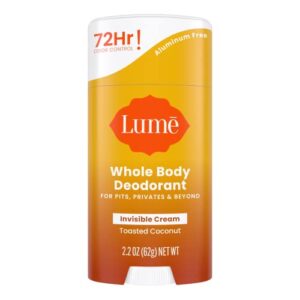 lume whole body deodorant – invisible cream stick – 72 hour odor control – aluminum free, baking soda free, skin safe – 2.2 ounce (toasted coconut)