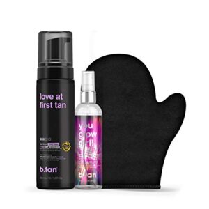 b.tan darker + glowy self tanner kit | lovers bundle – love at first tan self tanning mousse with you glow girl face + body gradual self tan mist with self tanning mitt applicator, 1 hour sunless tanner, fast self tan, no fake tan smell, no added nasties,