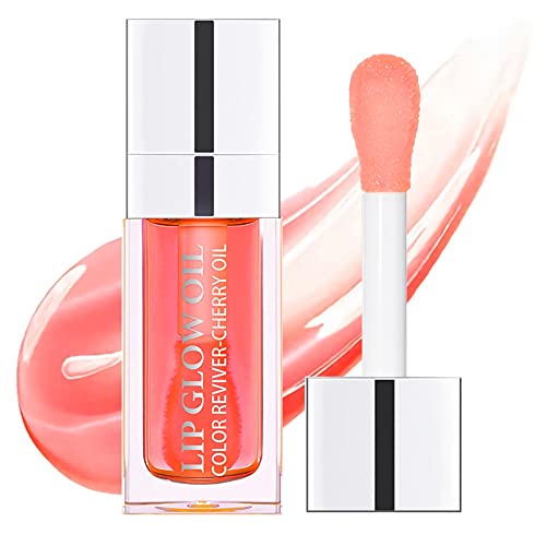 ZARICS Plumping Lip Oil, Hydrating Lip Gloss Tinted Lip Balm Lip Care Transparent Lip Oil, Long Lasting Nourishing Lip Glow Oil Non-sticky Big Brush Glitter Shine Primer Lip Tint (PINK)