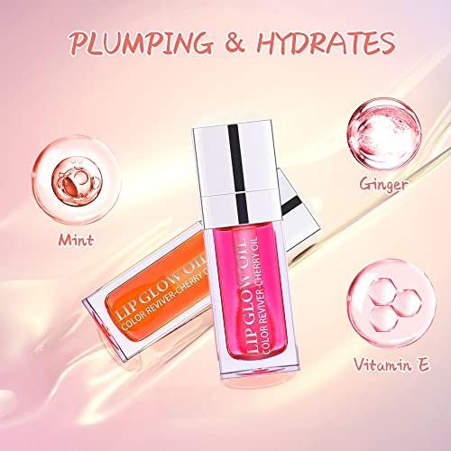 ZARICS Plumping Lip Oil, Hydrating Lip Gloss Tinted Lip Balm Lip Care Transparent Lip Oil, Long Lasting Nourishing Lip Glow Oil Non-sticky Big Brush Glitter Shine Primer Lip Tint (PINK)