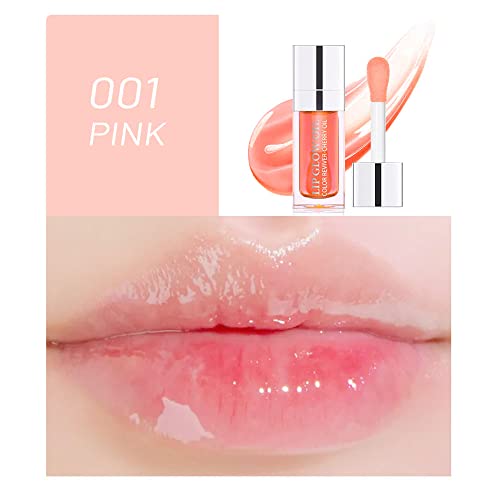 ZARICS Plumping Lip Oil, Hydrating Lip Gloss Tinted Lip Balm Lip Care Transparent Lip Oil, Long Lasting Nourishing Lip Glow Oil Non-sticky Big Brush Glitter Shine Primer Lip Tint (PINK)