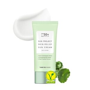 THANKYOU FARMER Sun Project Relief Sun Cream SPF50+ PA++++ 1.75 Fl Oz - Centella Asiatica Extracts for Soothing, Reef Safe Sunscreen Travel Size, Non-comedogenic Face Sunscreen for Sensitive Skin, Korean Sunscreen for Face