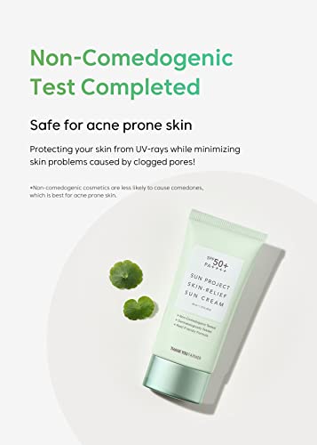 THANKYOU FARMER Sun Project Relief Sun Cream SPF50+ PA++++ 1.75 Fl Oz - Centella Asiatica Extracts for Soothing, Reef Safe Sunscreen Travel Size, Non-comedogenic Face Sunscreen for Sensitive Skin, Korean Sunscreen for Face