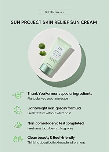 THANKYOU FARMER Sun Project Relief Sun Cream SPF50+ PA++++ 1.75 Fl Oz - Centella Asiatica Extracts for Soothing, Reef Safe Sunscreen Travel Size, Non-comedogenic Face Sunscreen for Sensitive Skin, Korean Sunscreen for Face