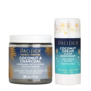 pacifica beauty coconut and charcoal underarm detox scrub for natural deodorant users, non aluminum, safe for sensitive skin, 100% vegan & cruelty free + clean beauty, fresh, 2 count