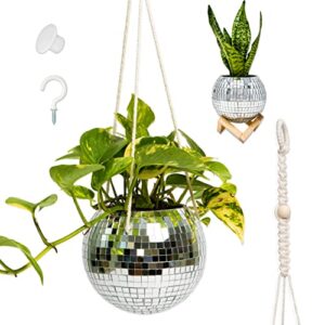 lunar sol – disco ball planter – disco ball plant hanger with macrame cotton rope, with wooden stand for desk planter decorations-with – plant accessories indoor or outdoor planters for patio